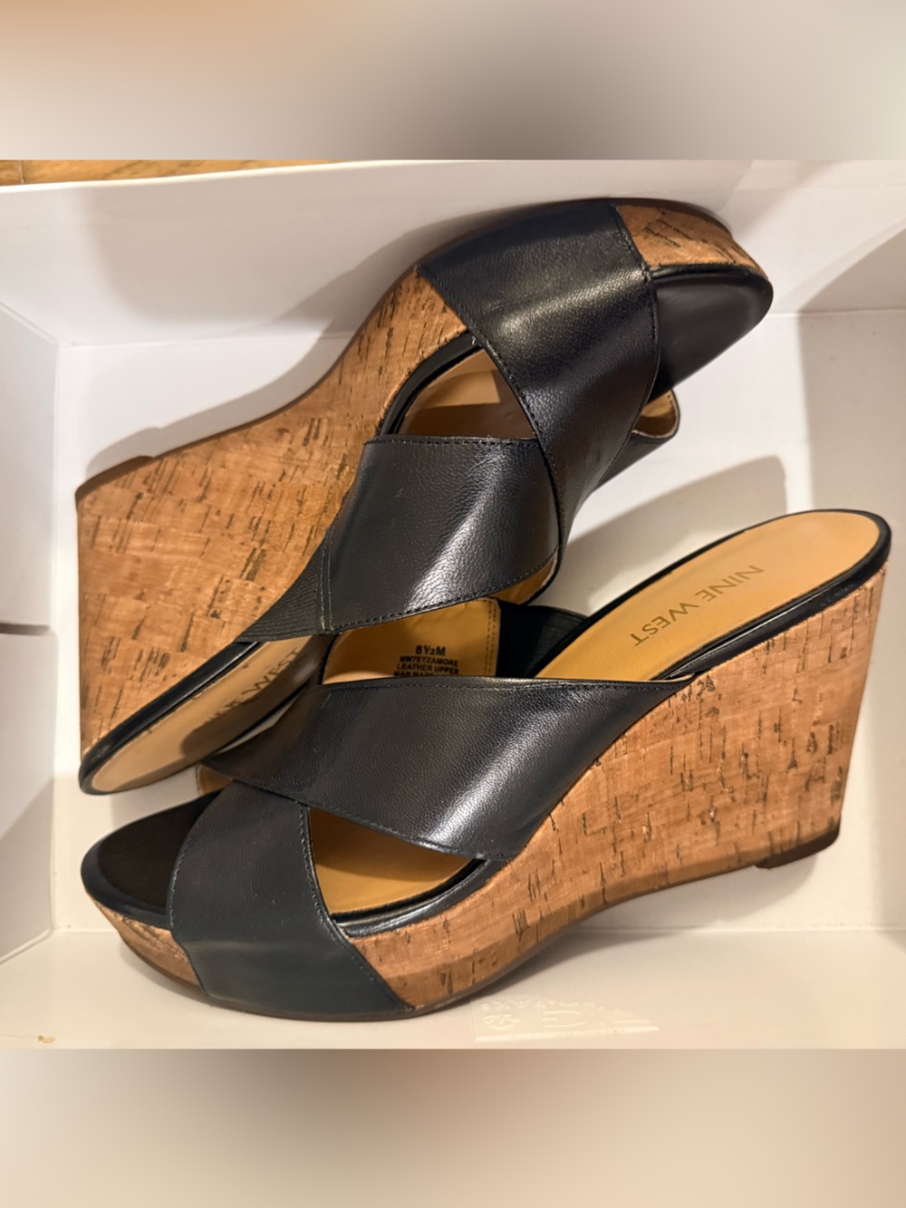 Nine West Black Leather Cork Wedge Slides